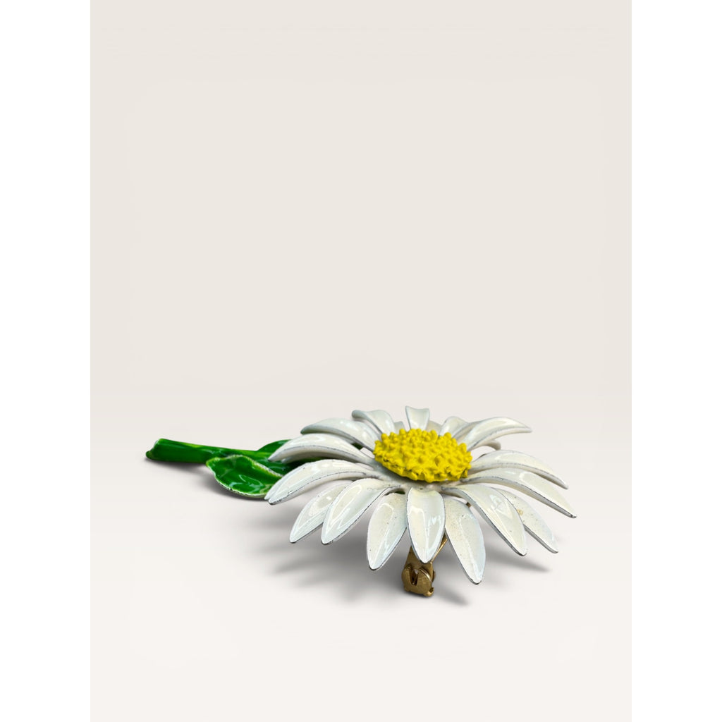 Enamel White Daisy Flower Brooch Pin Green Stem Yellow Center Vintage