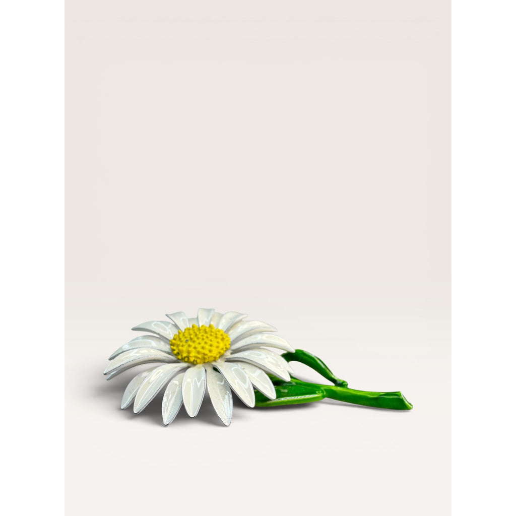 Enamel White Daisy Flower Brooch Pin Green Stem Yellow Center Vintage