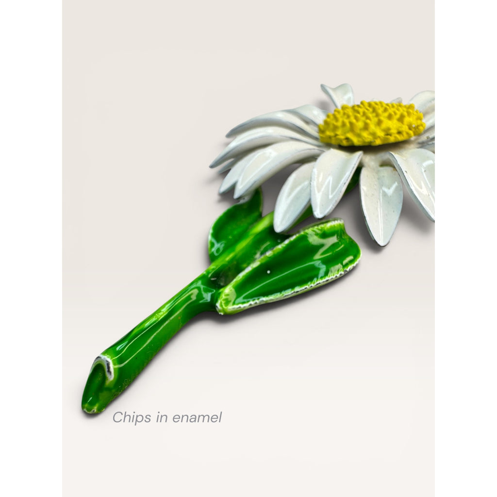 Enamel White Daisy Flower Brooch Pin Green Stem Yellow Center Vintage