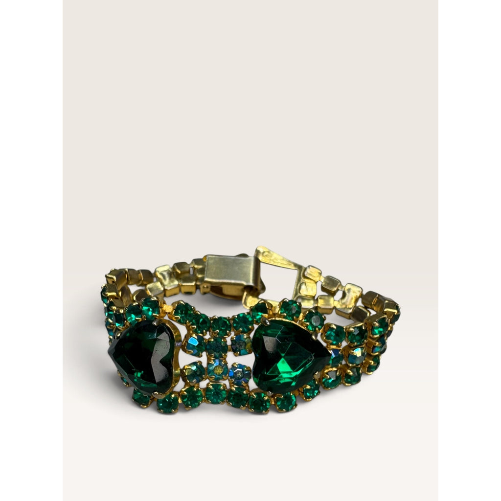 1950sGreen Heart Cut AB Crystal Rhinestone Gold Tone Bracelet 6.75" Vintage