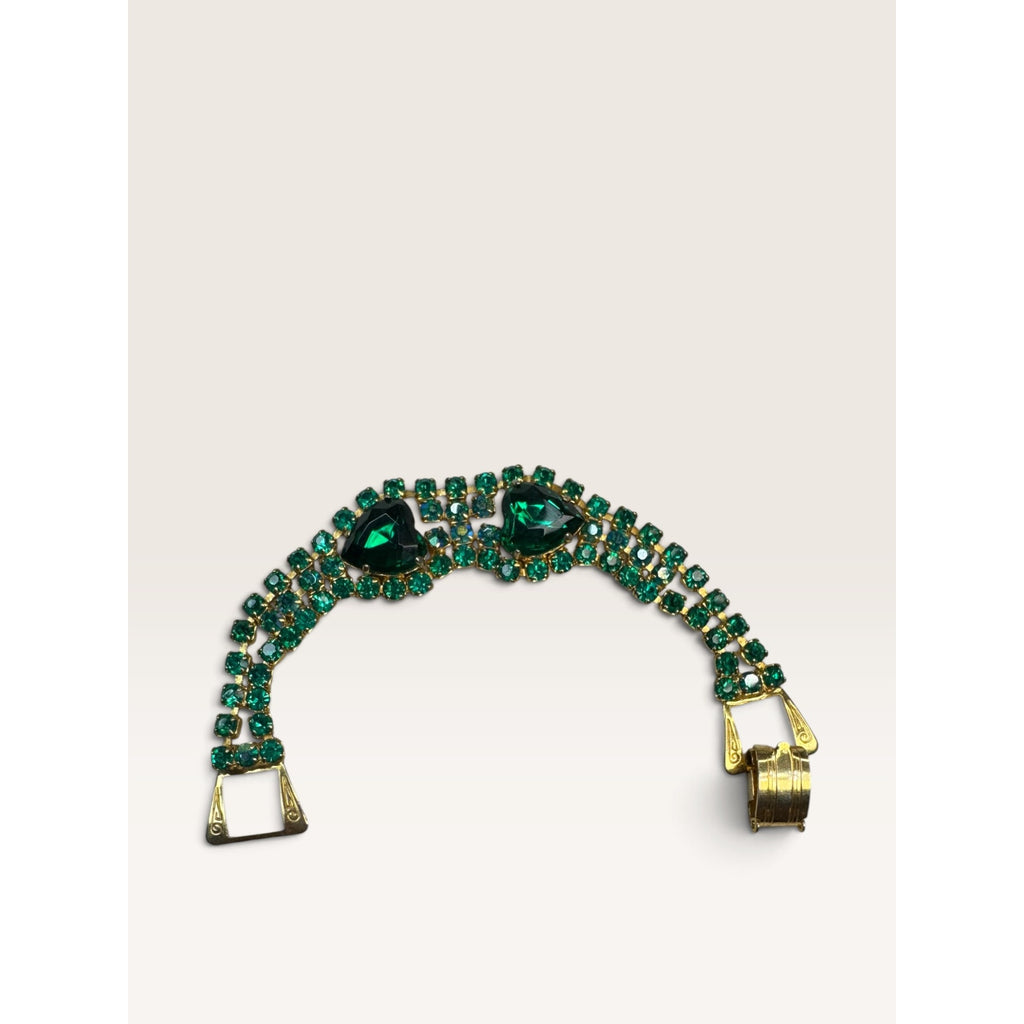 1950sGreen Heart Cut AB Crystal Rhinestone Gold Tone Bracelet 6.75" Vintage