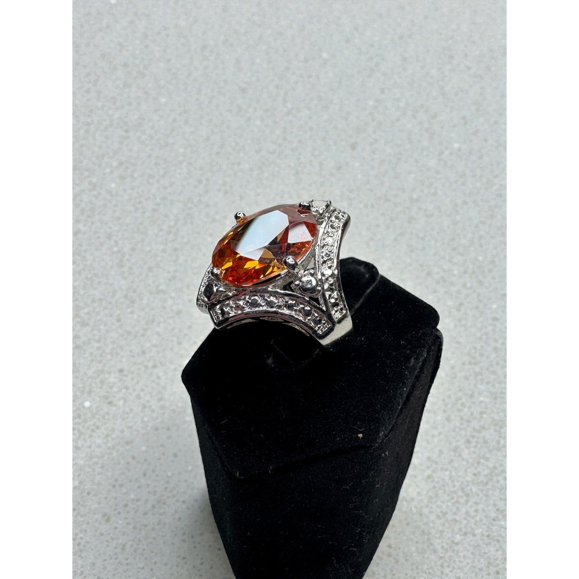 Large Orange Crystal Cocktail Ring Silver Tone Statement Ring Size 7
