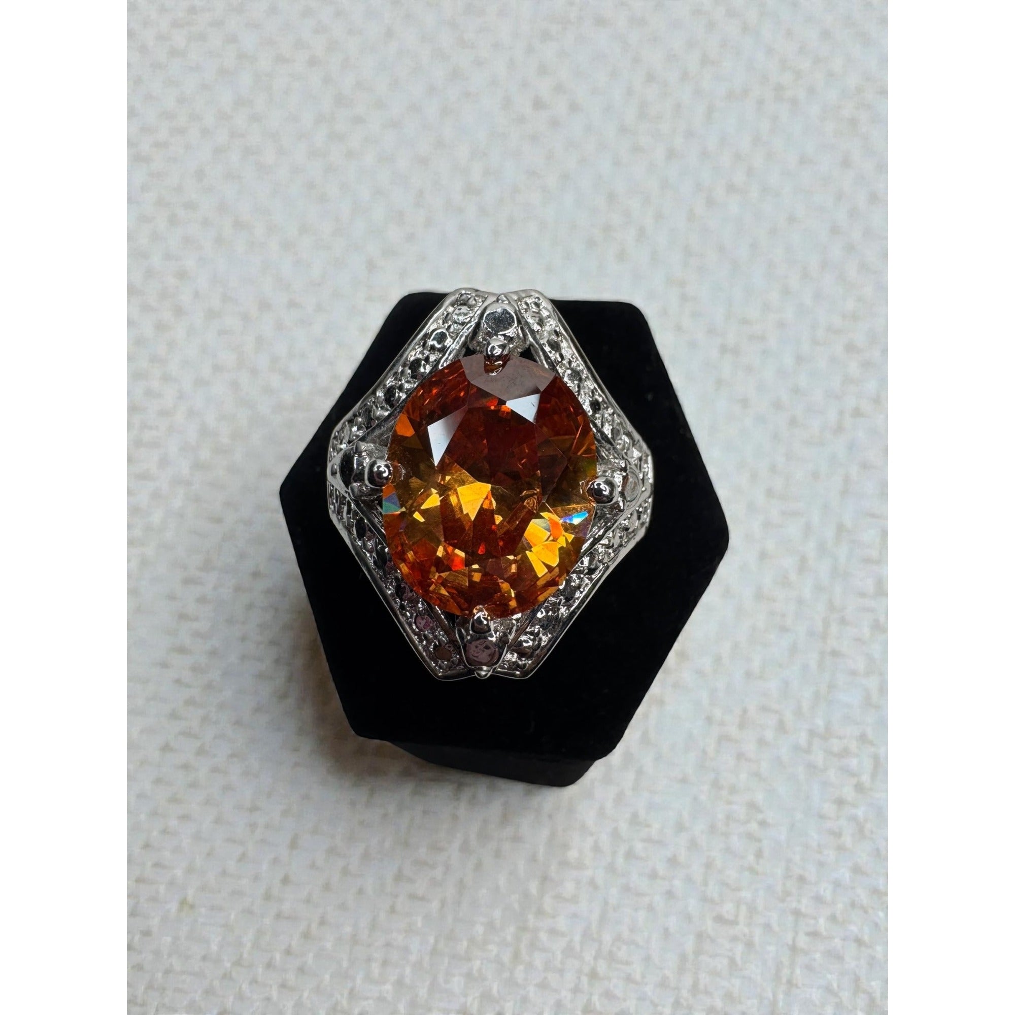 Large Orange Crystal Cocktail Ring Silver Tone Statement Ring Size 7