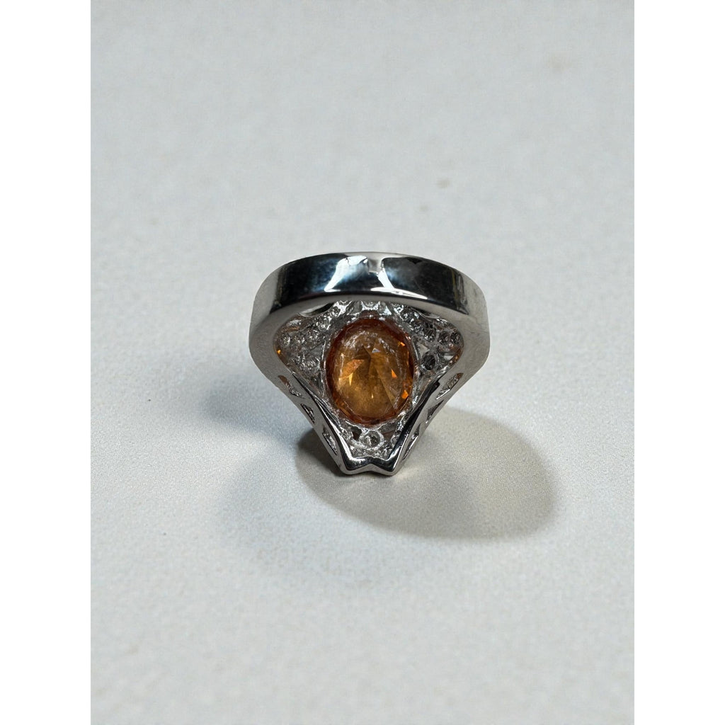Large Orange Crystal Cocktail Ring Silver Tone Statement Ring Size 7