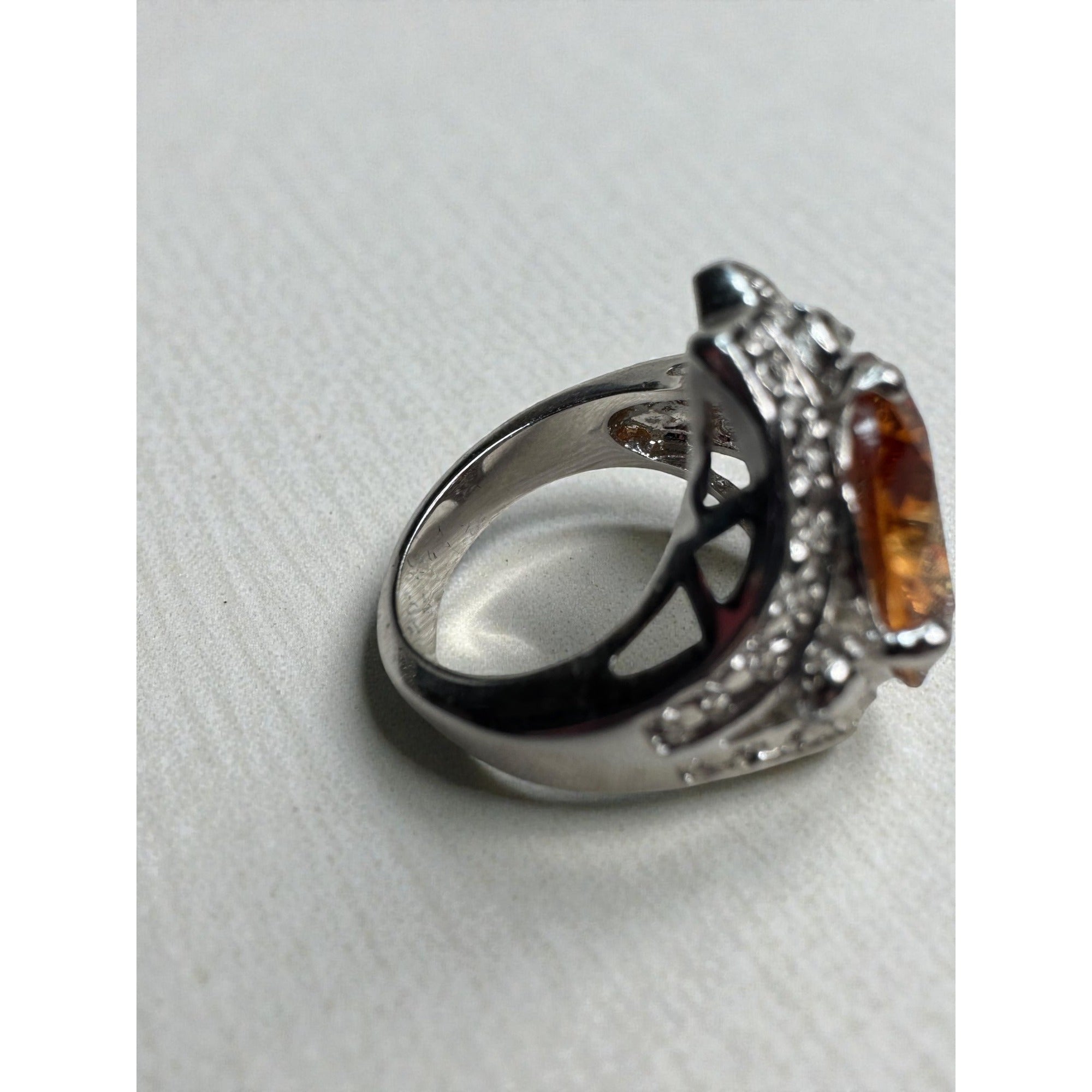 Large Orange Crystal Cocktail Ring Silver Tone Statement Ring Size 7