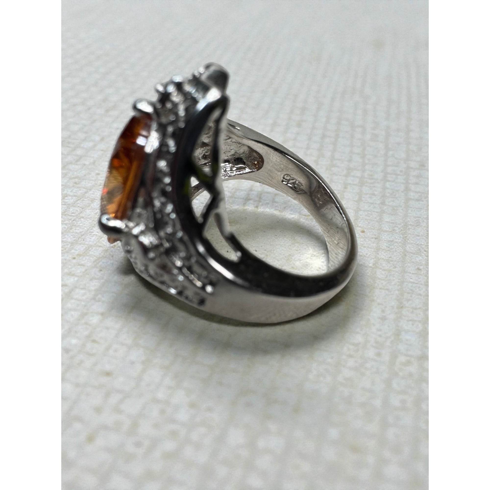 Large Orange Crystal Cocktail Ring Silver Tone Statement Ring Size 7