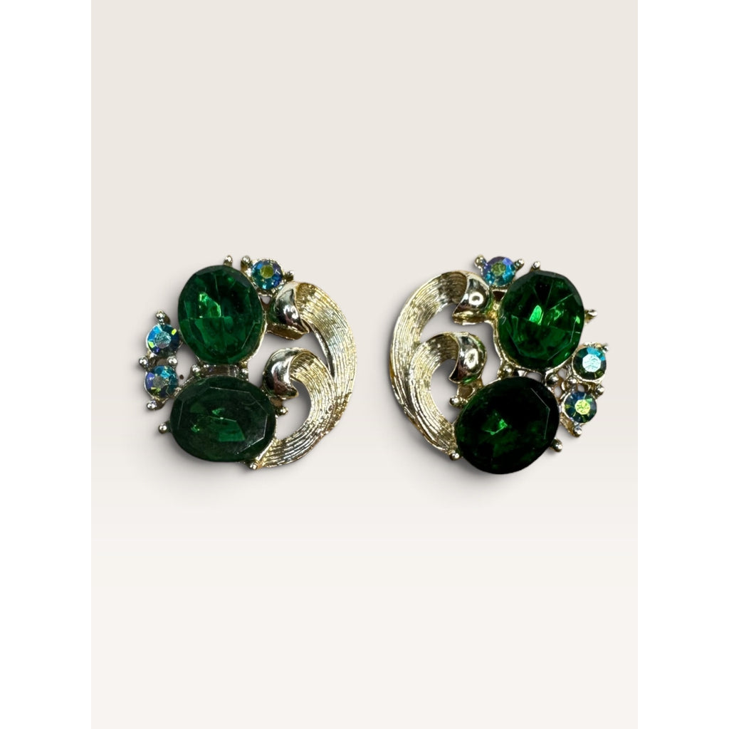1950s Lisner Green Oval Glass AB Crystal Rhinestone Swirl Clip Earrings .85" Vintage