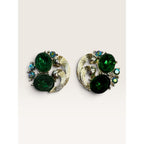 1950s Lisner Green Oval Glass AB Crystal Rhinestone Swirl Clip Earrings .85" Vintage