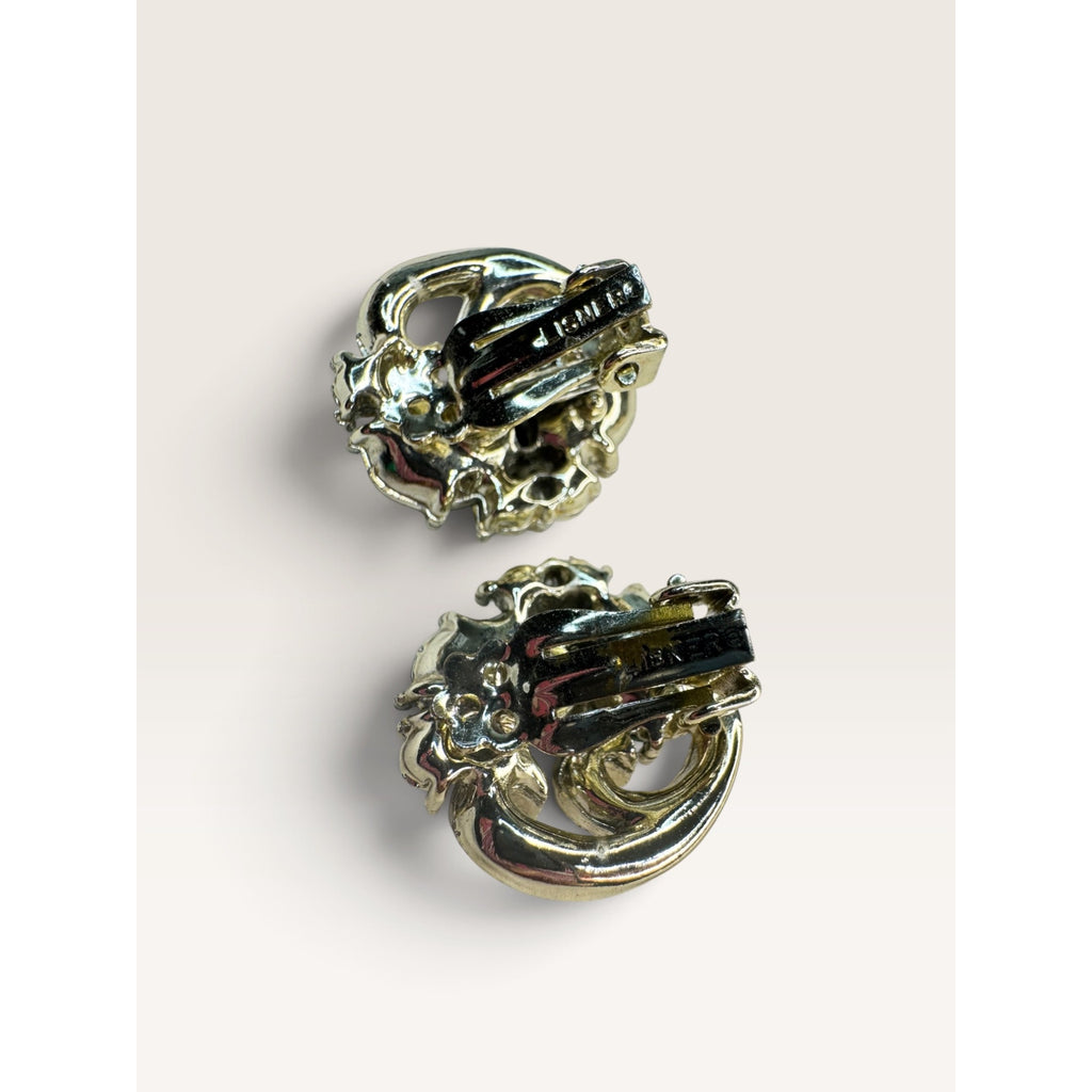 1950s Lisner Green Oval Glass AB Crystal Rhinestone Swirl Clip Earrings .85" Vintage