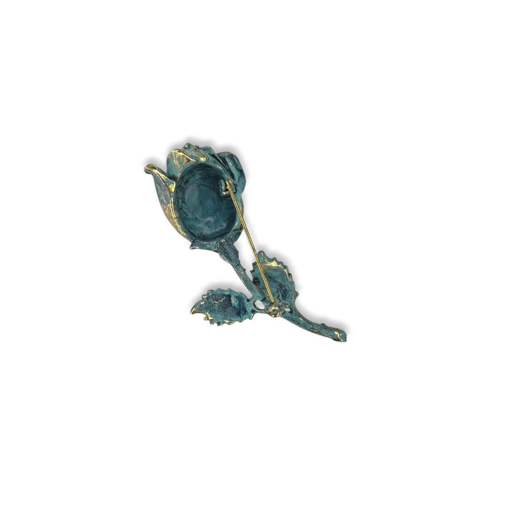 Exquisite Vintage Gold Tone Teal Enamel Rose Flower Brooch Vintage 1960s 70s