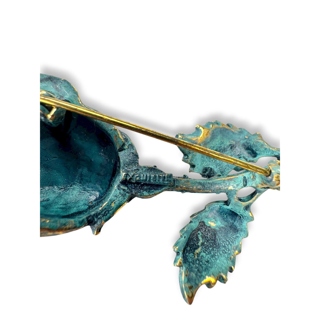 Exquisite Vintage Gold Tone Teal Enamel Rose Flower Brooch Vintage 1960s 70s