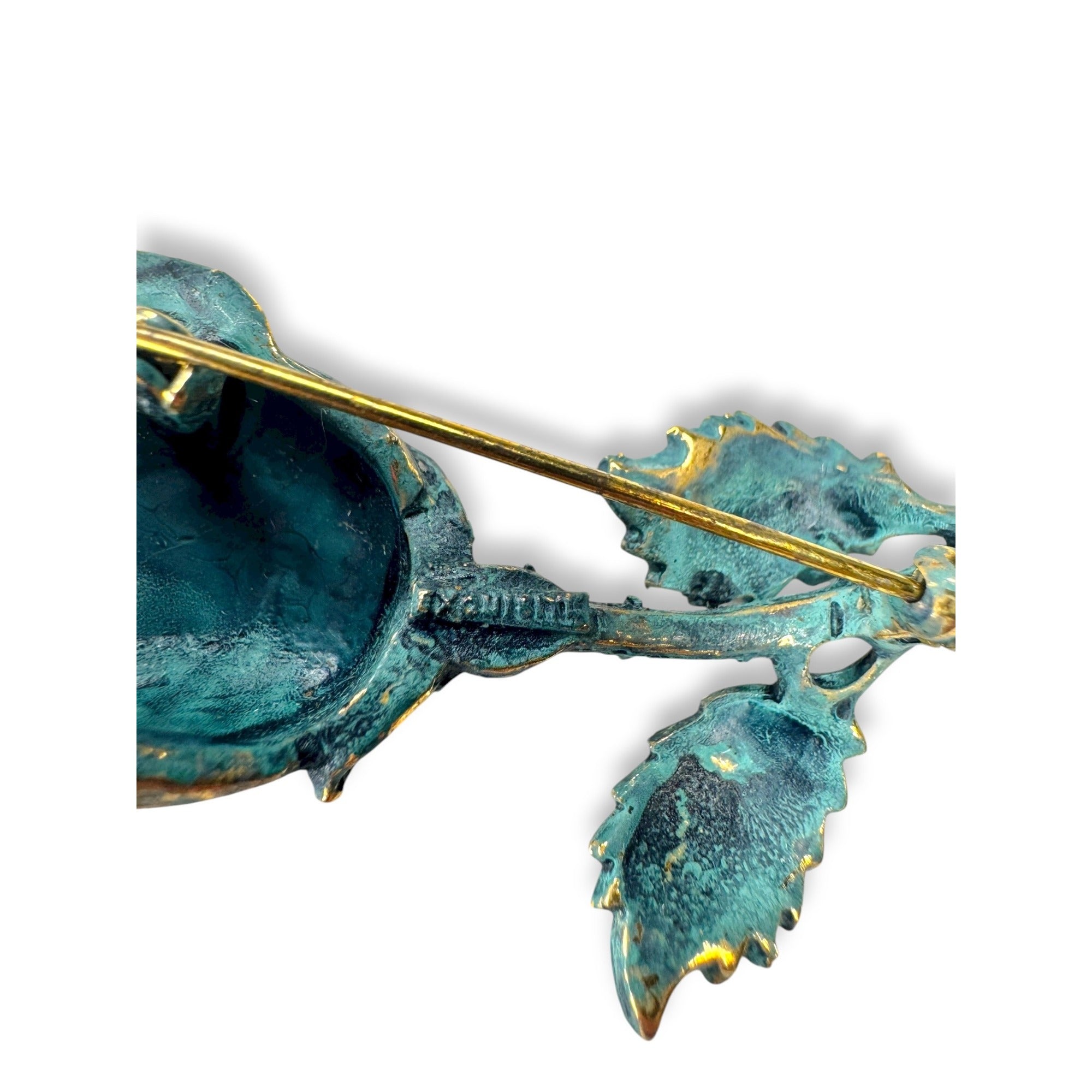 Exquisite Vintage Gold Tone Teal Enamel Rose Flower Brooch Vintage 1960s 70s