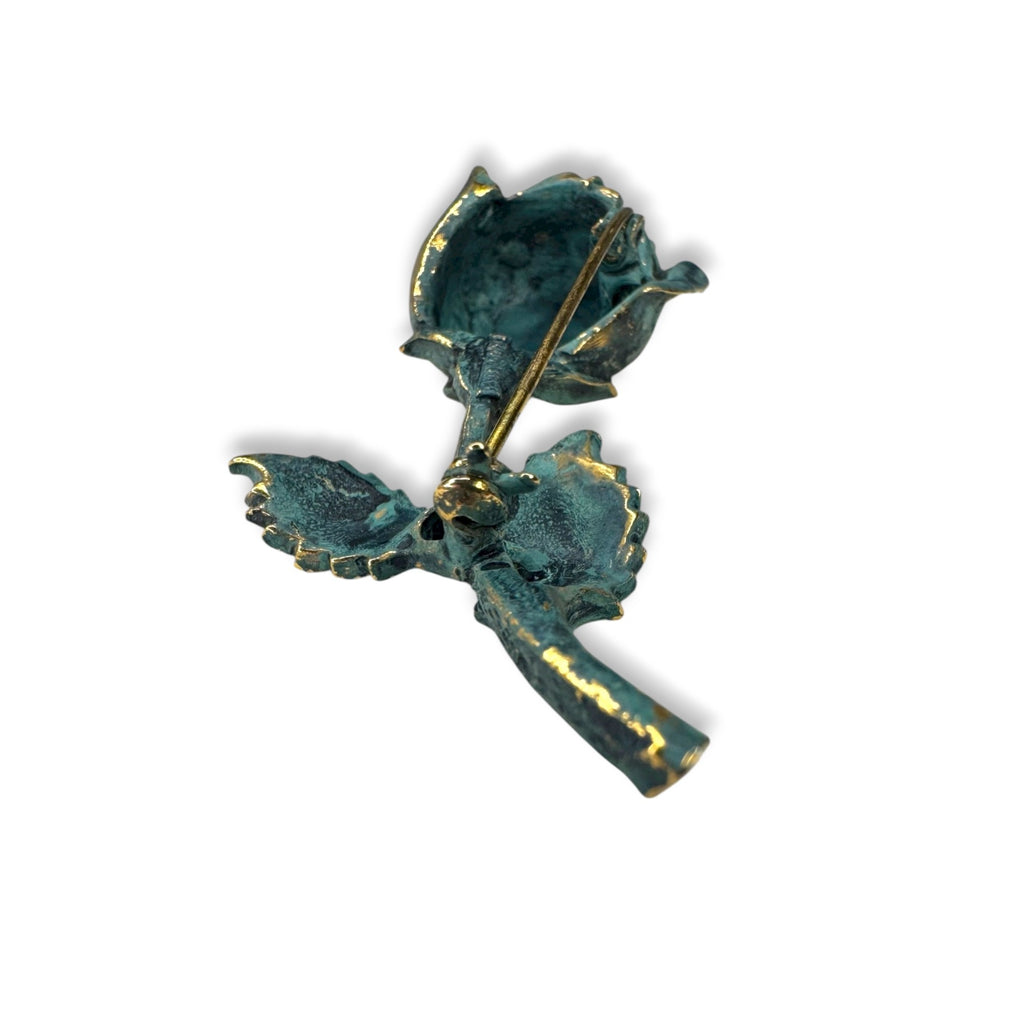 Exquisite Vintage Gold Tone Teal Enamel Rose Flower Brooch Vintage 1960s 70s