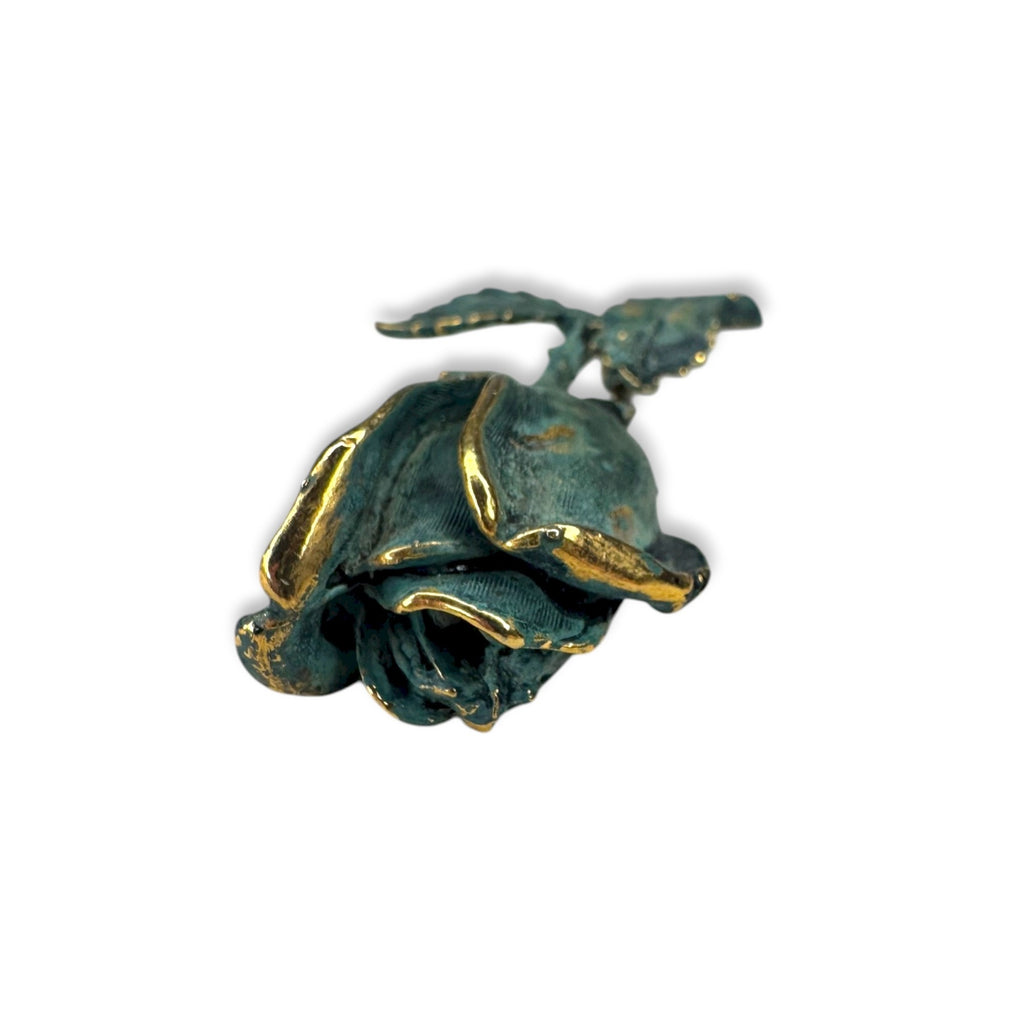 Exquisite Vintage Gold Tone Teal Enamel Rose Flower Brooch Vintage 1960s 70s
