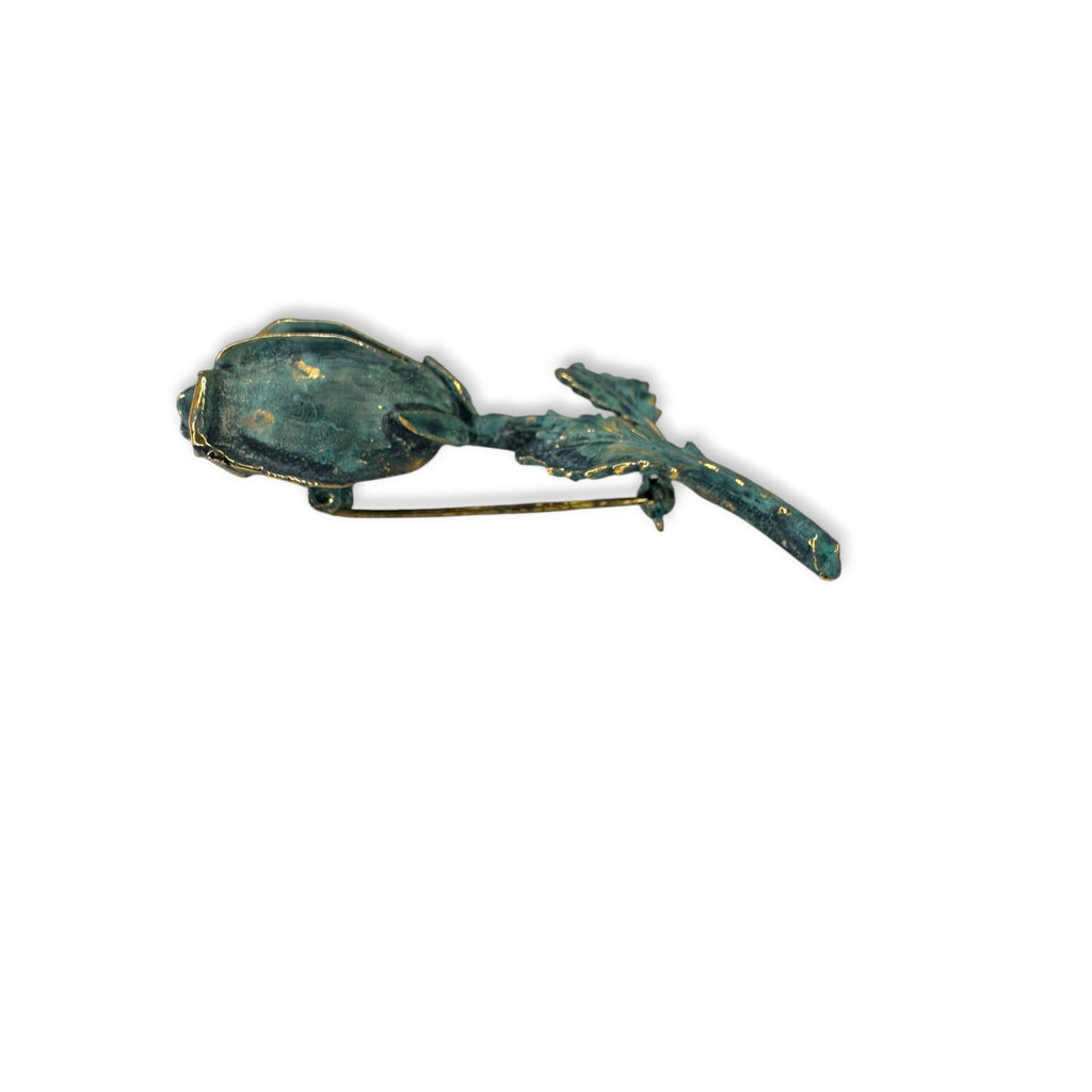 Exquisite Vintage Gold Tone Teal Enamel Rose Flower Brooch Vintage 1960s 70s