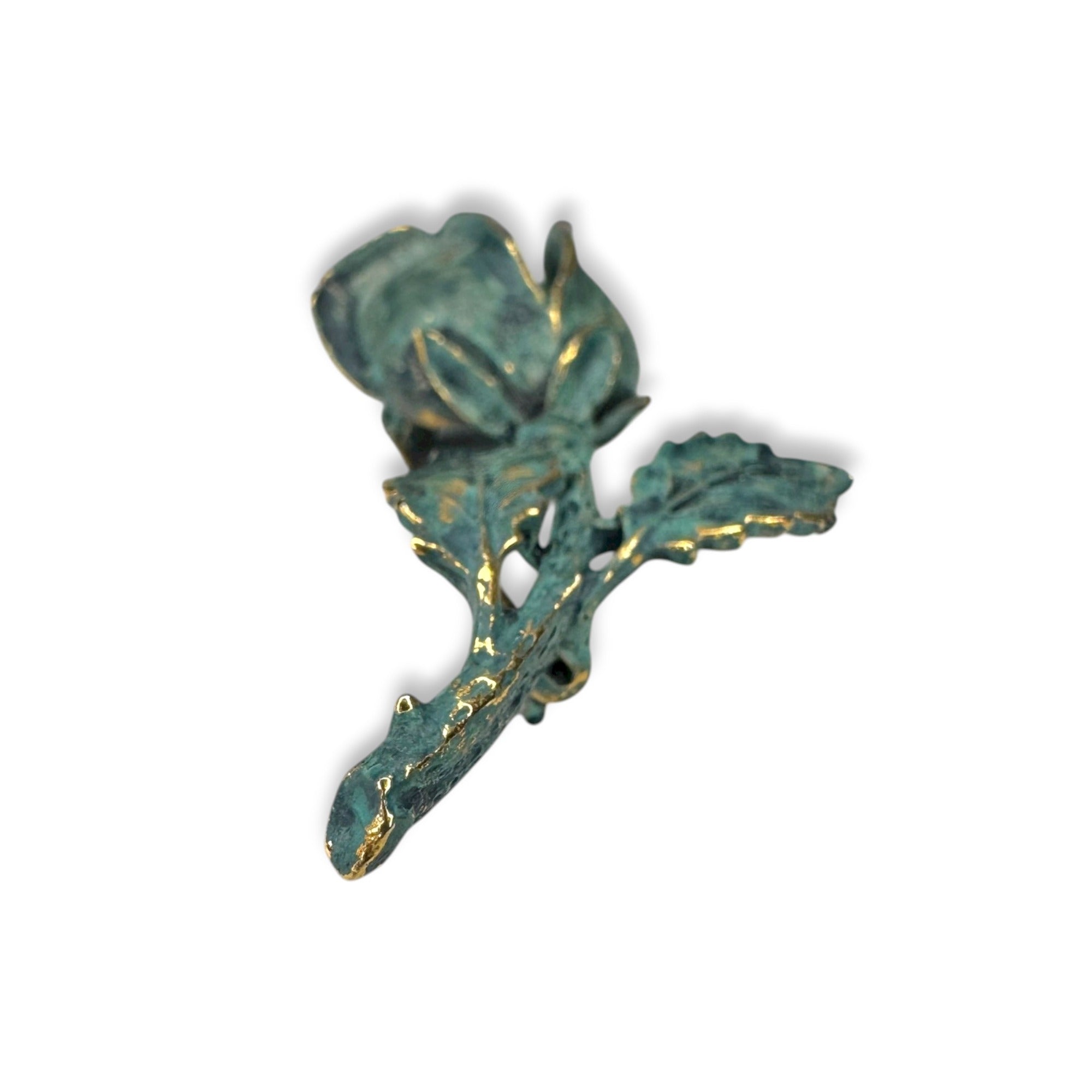Exquisite Vintage Gold Tone Teal Enamel Rose Flower Brooch Vintage 1960s 70s