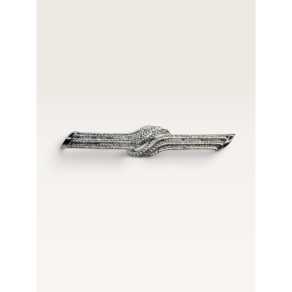 Crown Trifari 1960s Silver Tone Textured Ribbon Knot Long Bar Brooch Pin 3.43"