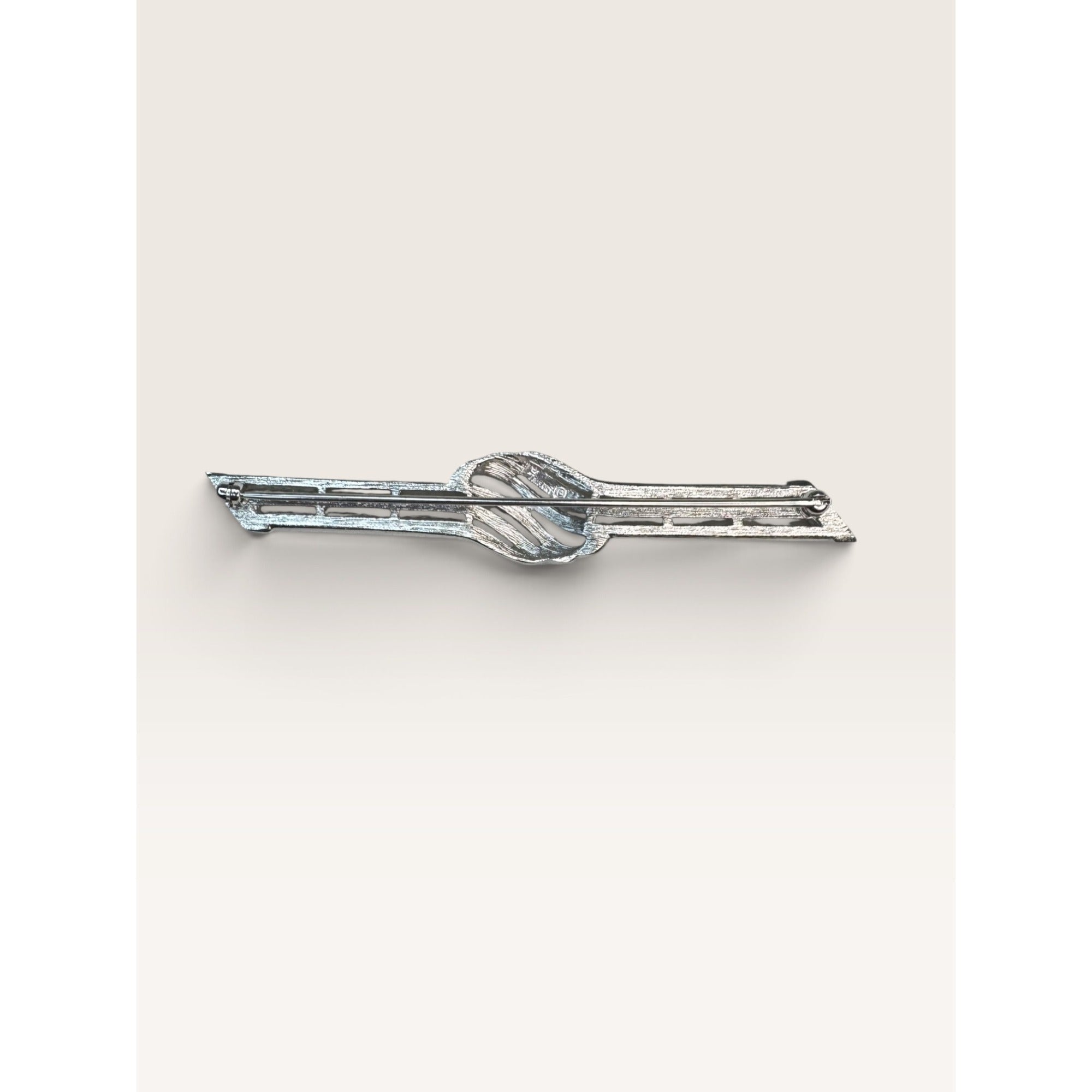 Crown Trifari 1960s Silver Tone Textured Ribbon Knot Long Bar Brooch Pin 3.43"