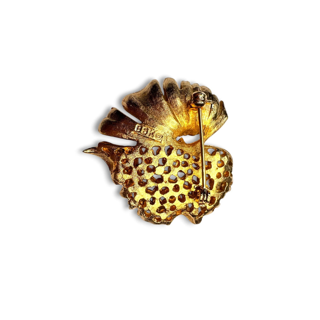 BSK Red Rhinestone Leaf Brooch Earrings Set Gold Tone Omega Back 1960s Vintage