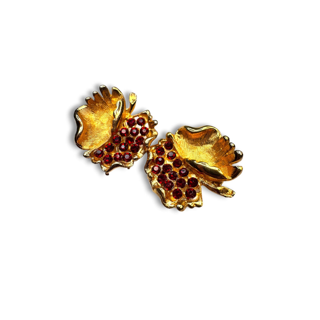 BSK Red Rhinestone Leaf Brooch Earrings Set Gold Tone Omega Back 1960s Vintage