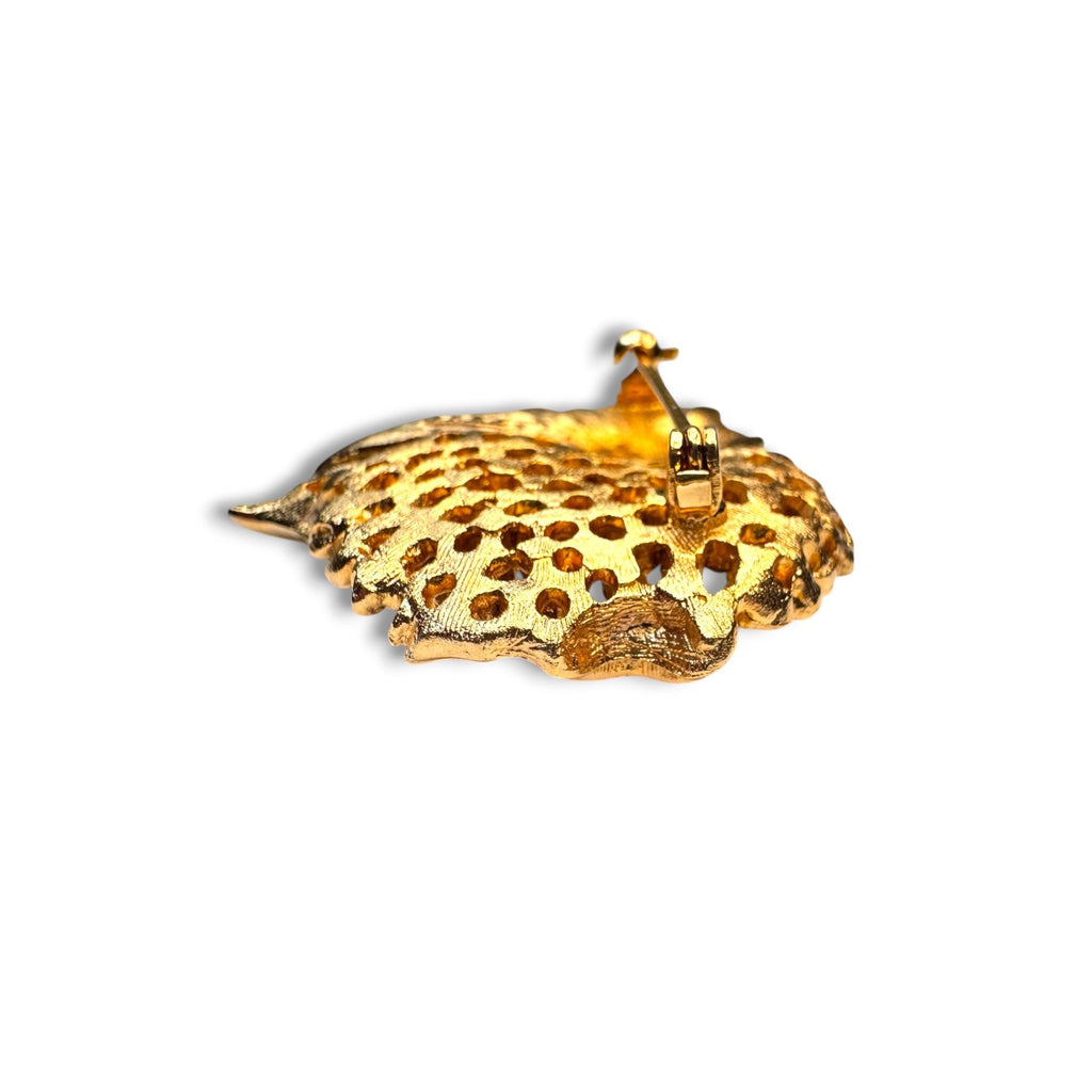 BSK Red Rhinestone Leaf Brooch Earrings Set Gold Tone Omega Back 1960s Vintage