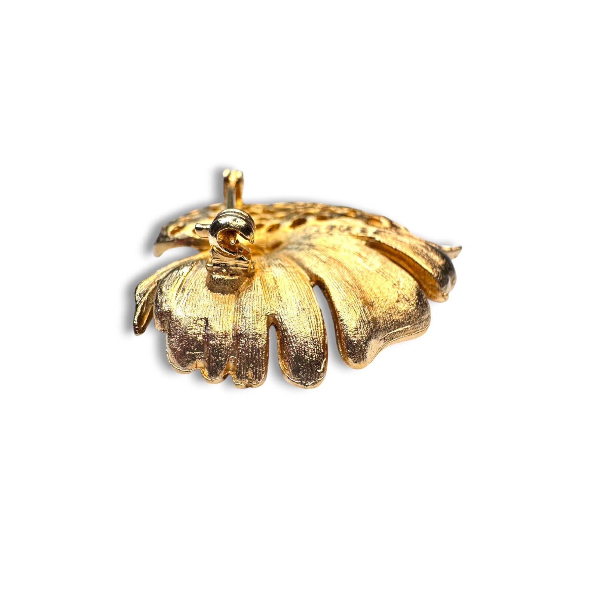 BSK Red Rhinestone Leaf Brooch Earrings Set Gold Tone Omega Back 1960s Vintage