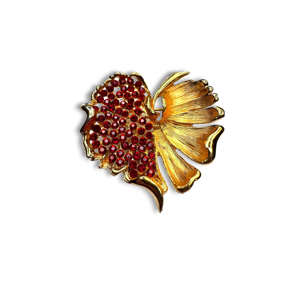 BSK Red Rhinestone Leaf Brooch Earrings Set Gold Tone Omega Back 1960s Vintage