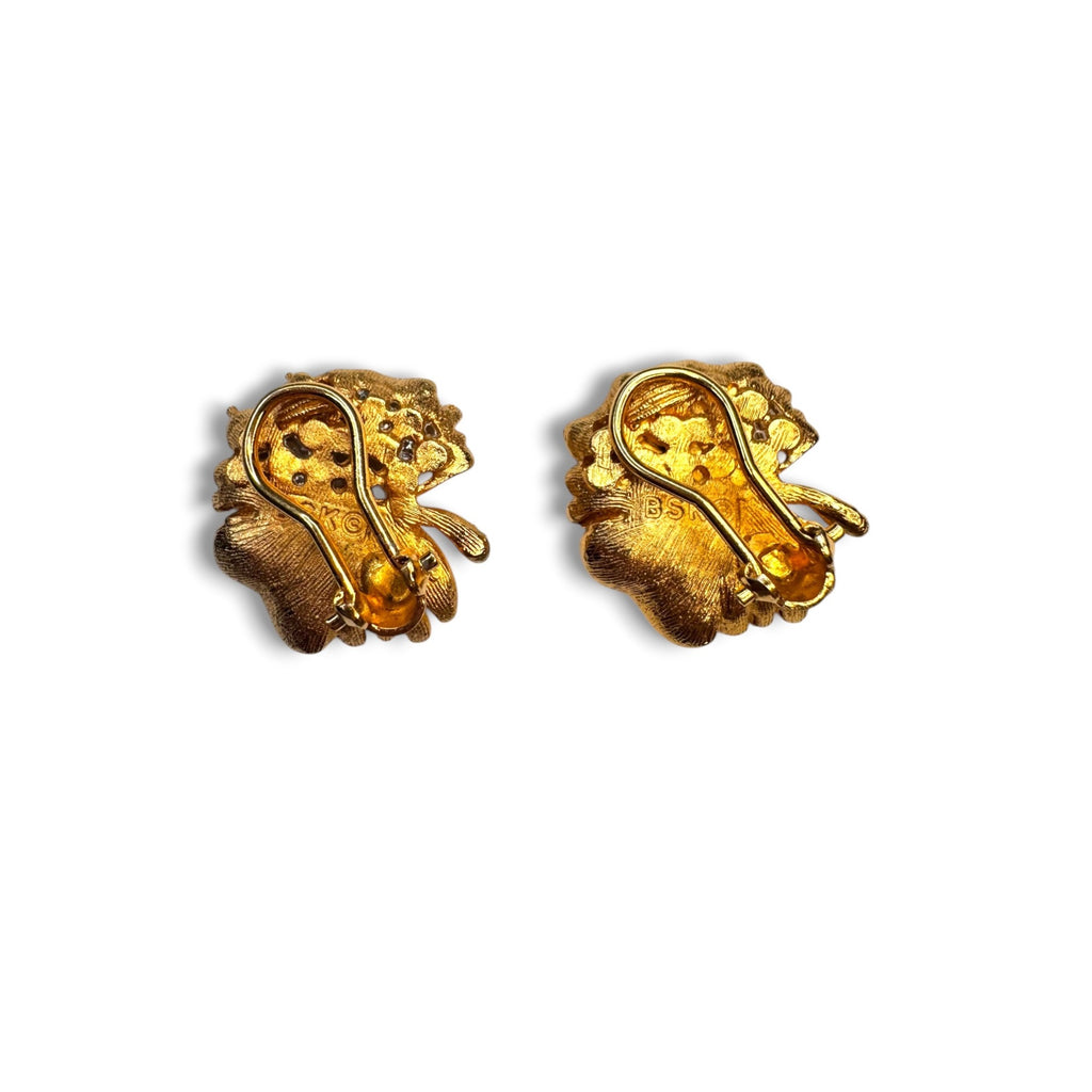 BSK Red Rhinestone Leaf Brooch Earrings Set Gold Tone Omega Back 1960s Vintage