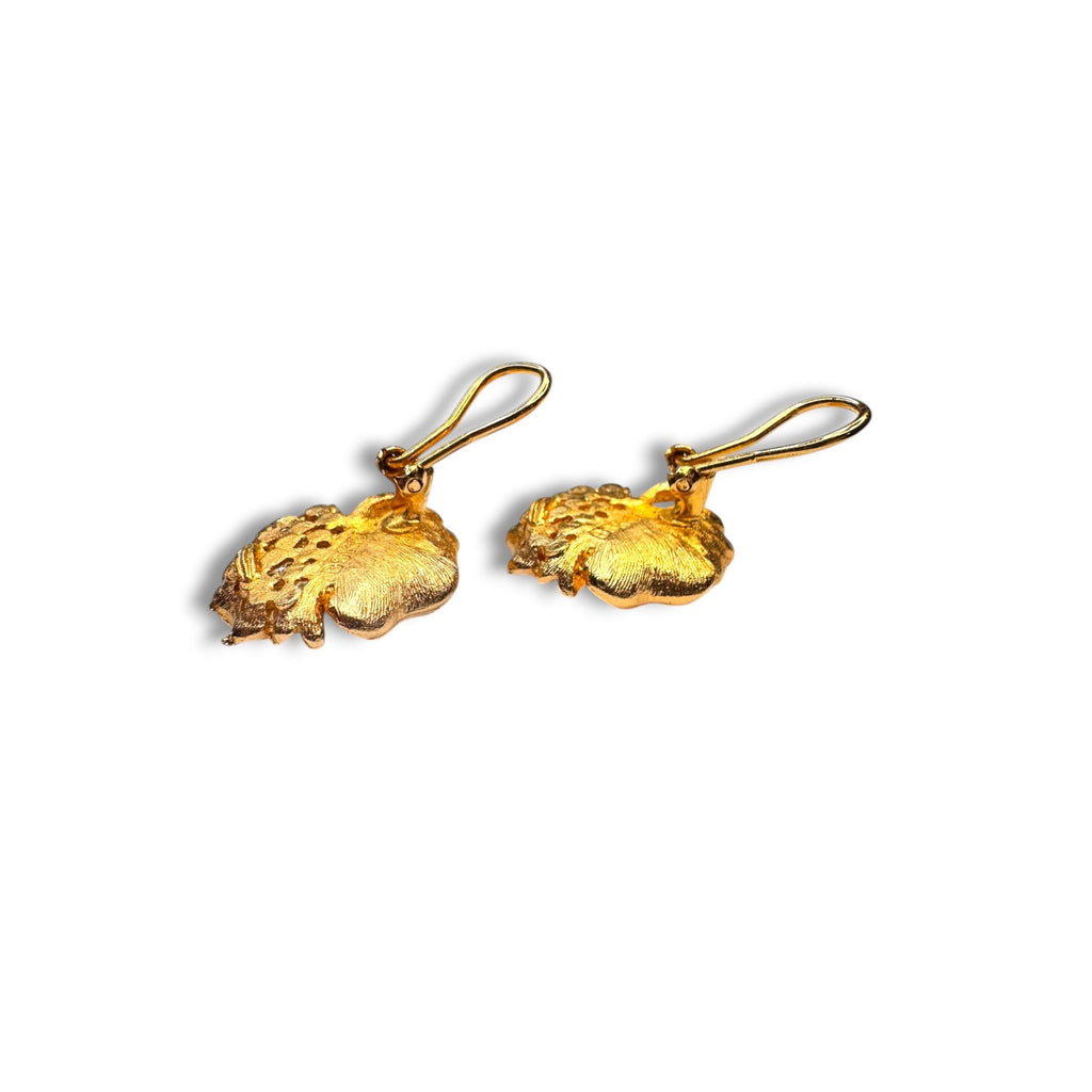 BSK Red Rhinestone Leaf Brooch Earrings Set Gold Tone Omega Back 1960s Vintage