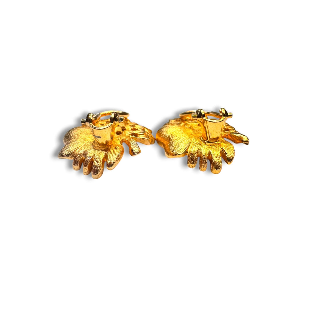 BSK Red Rhinestone Leaf Brooch Earrings Set Gold Tone Omega Back 1960s Vintage