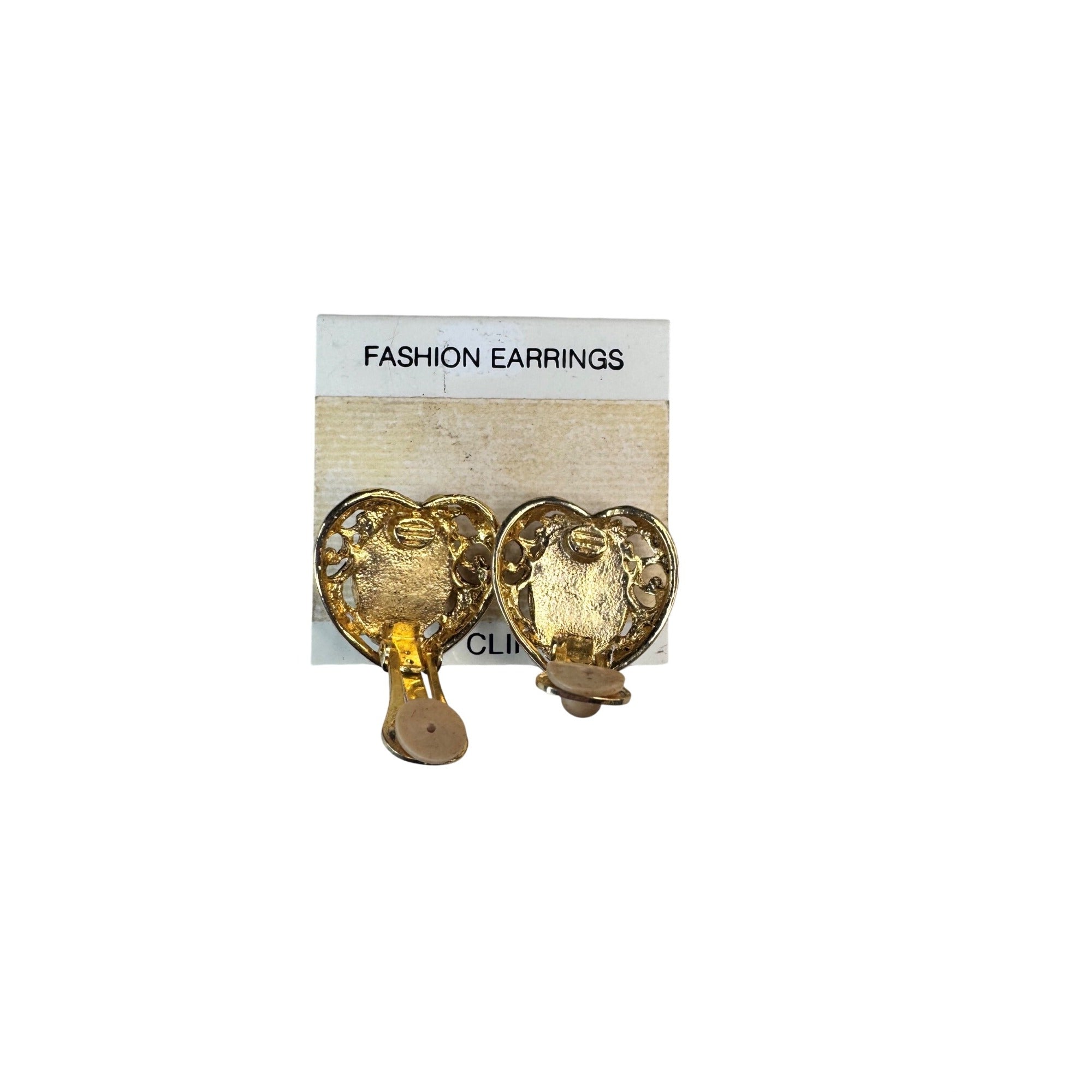 Unsigned Clip On Earrings Gold Faux Pearl Heart 1990s Vintage