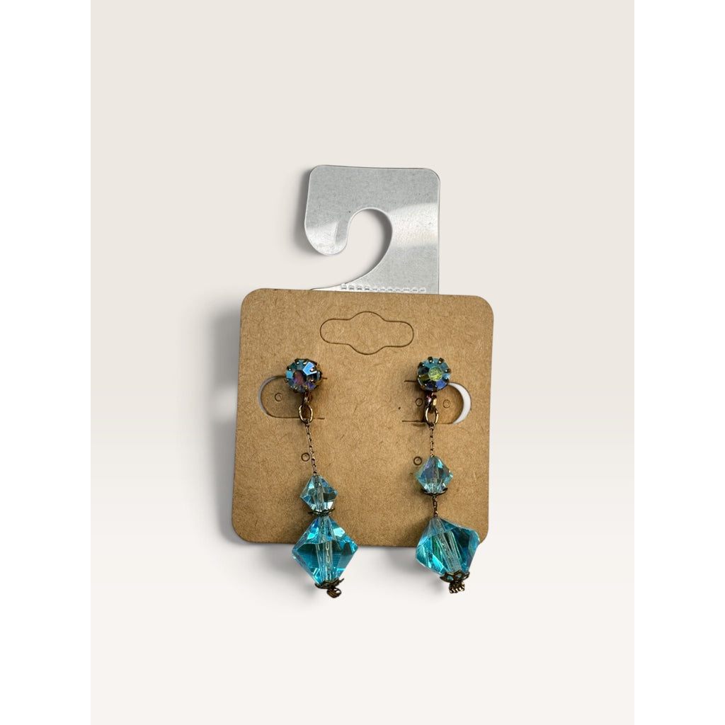 1950s Blue Crystal Manganese UV Reactive Bead Screwback Dangle Earrings 1.75"