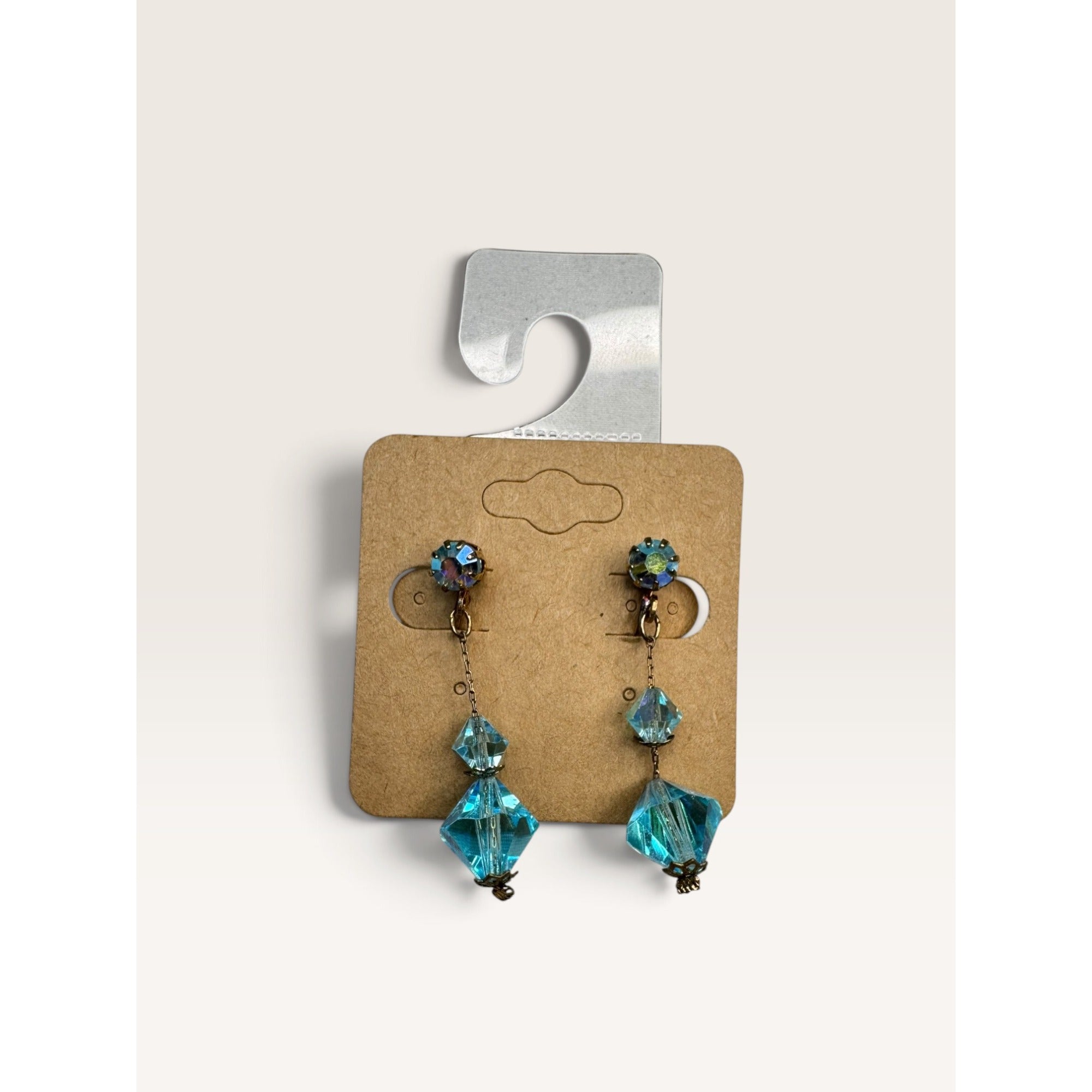 1950s Blue Crystal Manganese UV Reactive Bead Screwback Dangle Earrings 1.75"
