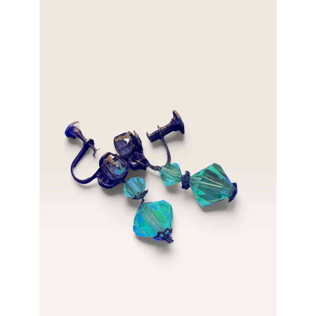 1950s Blue Crystal Manganese UV Reactive Bead Screwback Dangle Earrings 1.75"