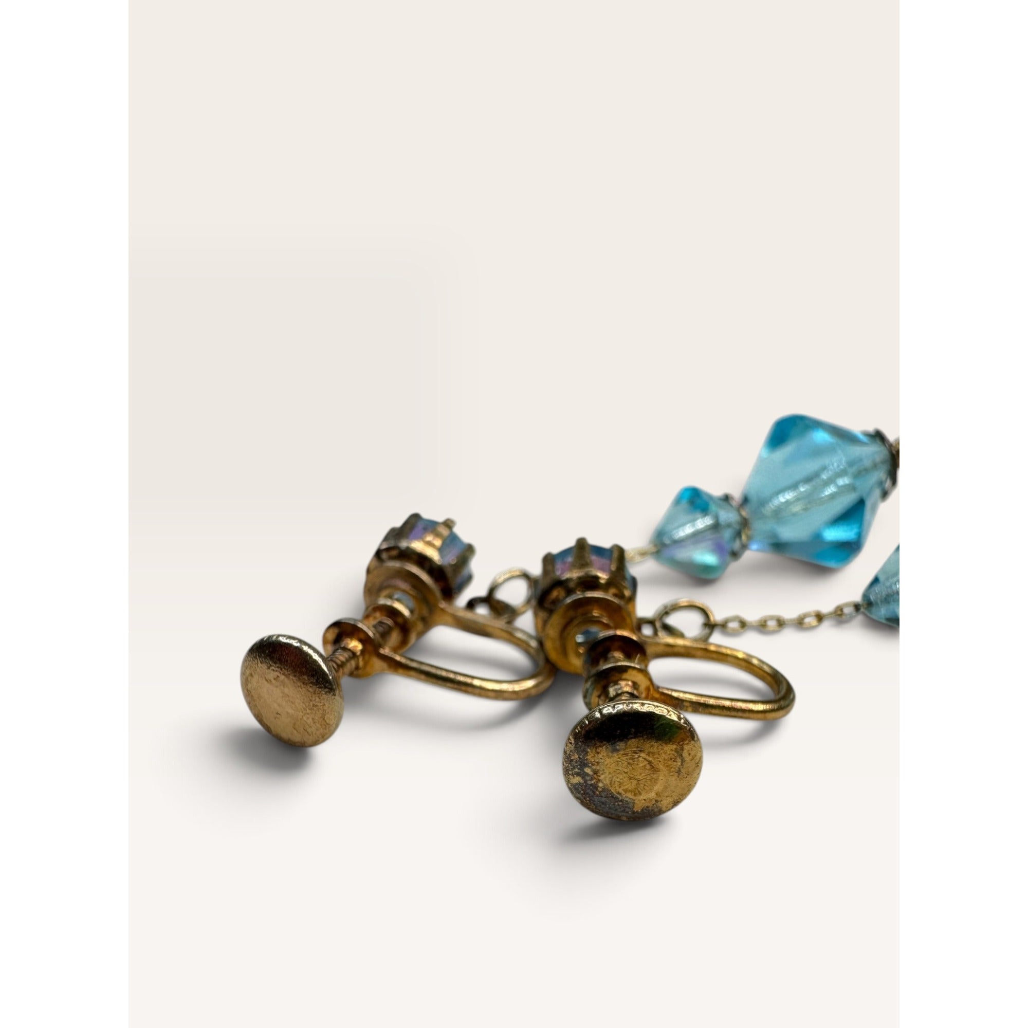 1950s Blue Crystal Manganese UV Reactive Bead Screwback Dangle Earrings 1.75"