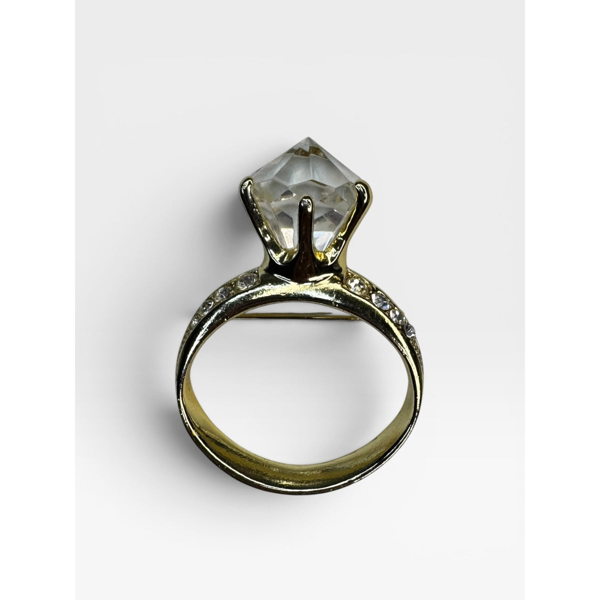 AJC Giant Diamond Engagement Ring Brooch Acrylic Solitaire Vintage 1980s