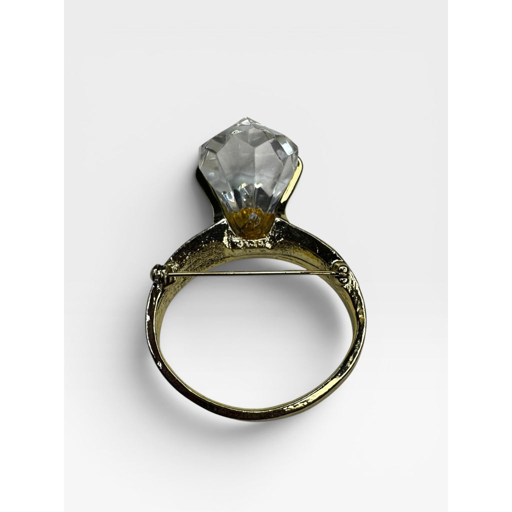 AJC Giant Diamond Engagement Ring Brooch Acrylic Solitaire Vintage 1980s