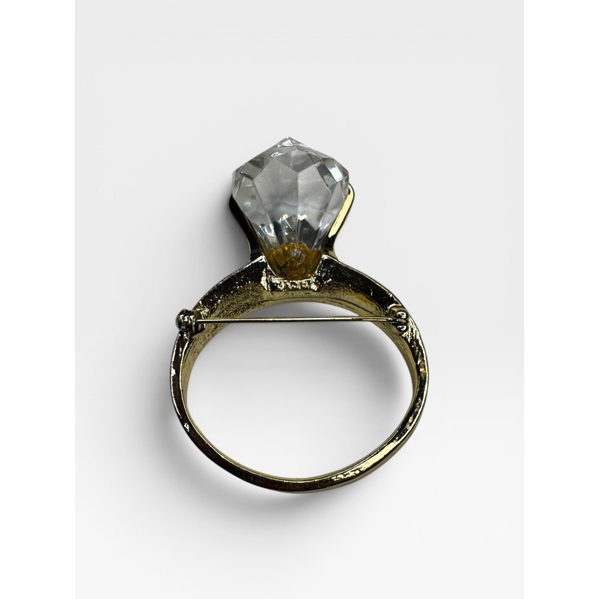 AJC Giant Diamond Engagement Ring Brooch Acrylic Solitaire Vintage 1980s