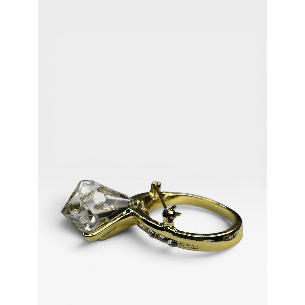 AJC Giant Diamond Engagement Ring Brooch Acrylic Solitaire Vintage 1980s