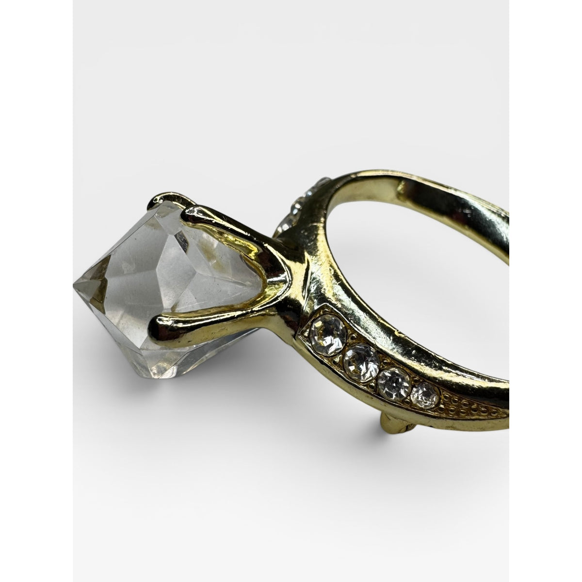 AJC Giant Diamond Engagement Ring Brooch Acrylic Solitaire Vintage 1980s