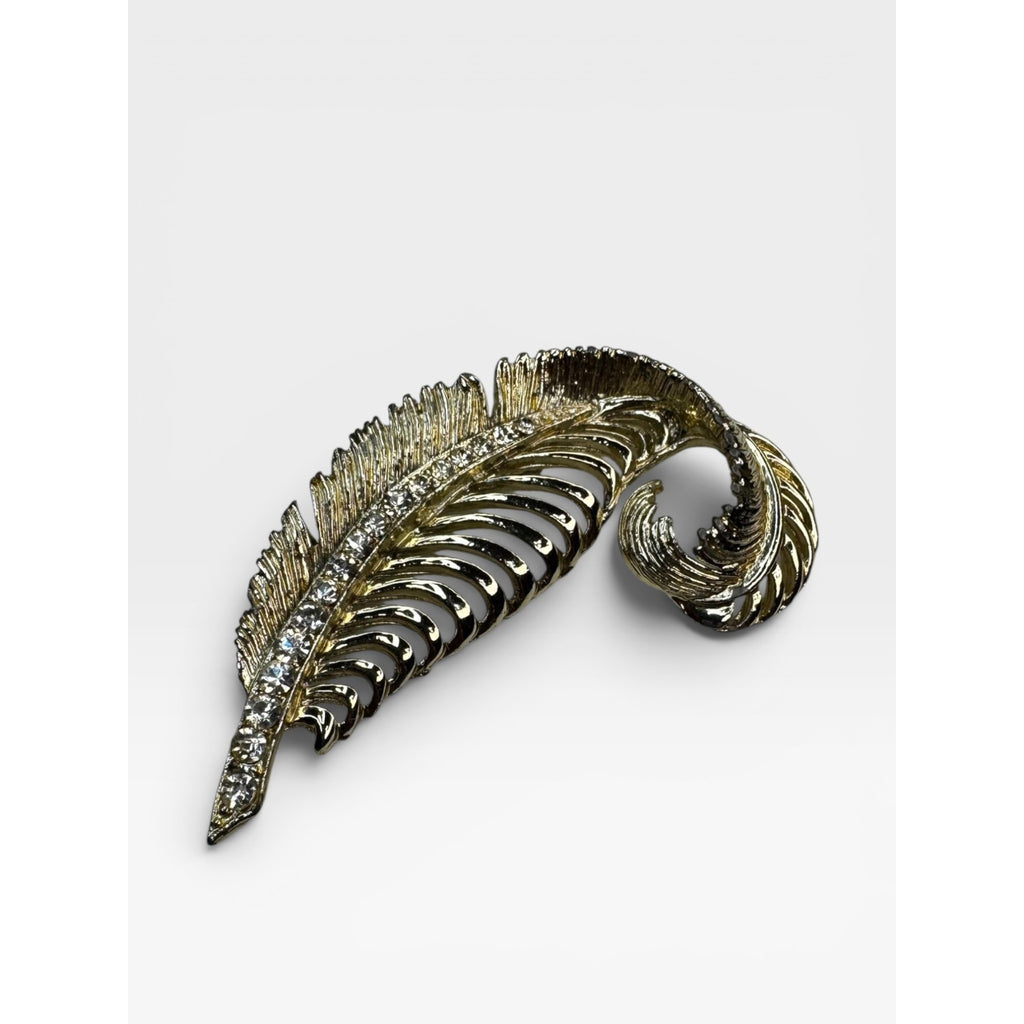 Crystal Feather Brooch Gold Tone Curled Leaf Pin 1980s