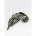 Crystal Feather Brooch Gold Tone Curled Leaf Pin 1980s
