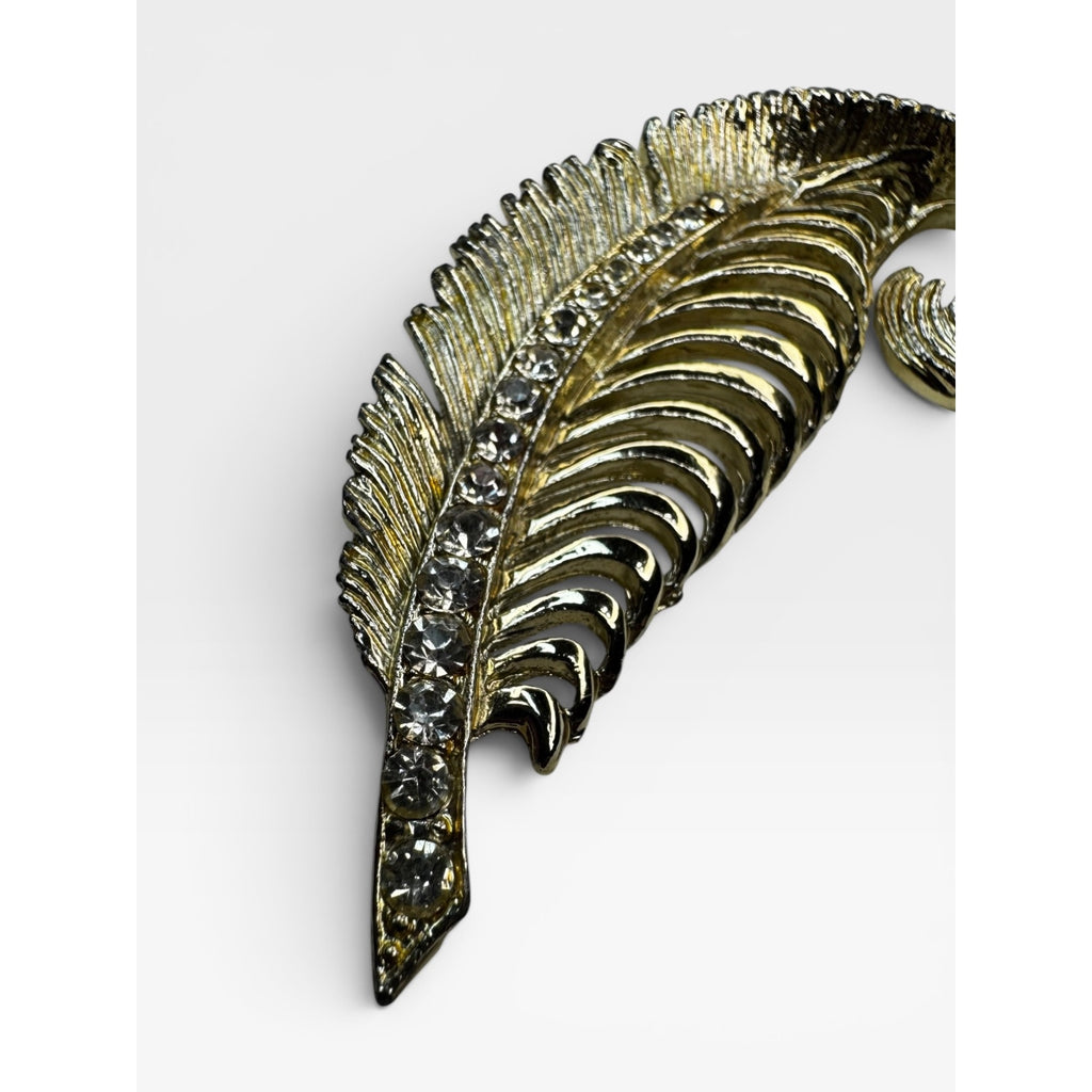 Crystal Feather Brooch Gold Tone Curled Leaf Pin 1980s