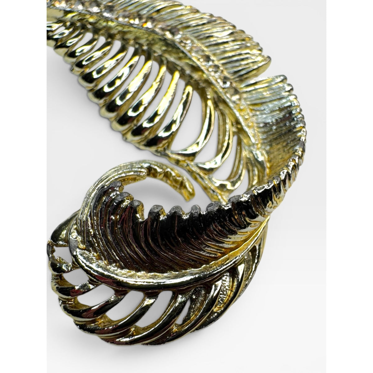 Crystal Feather Brooch Gold Tone Curled Leaf Pin 1980s