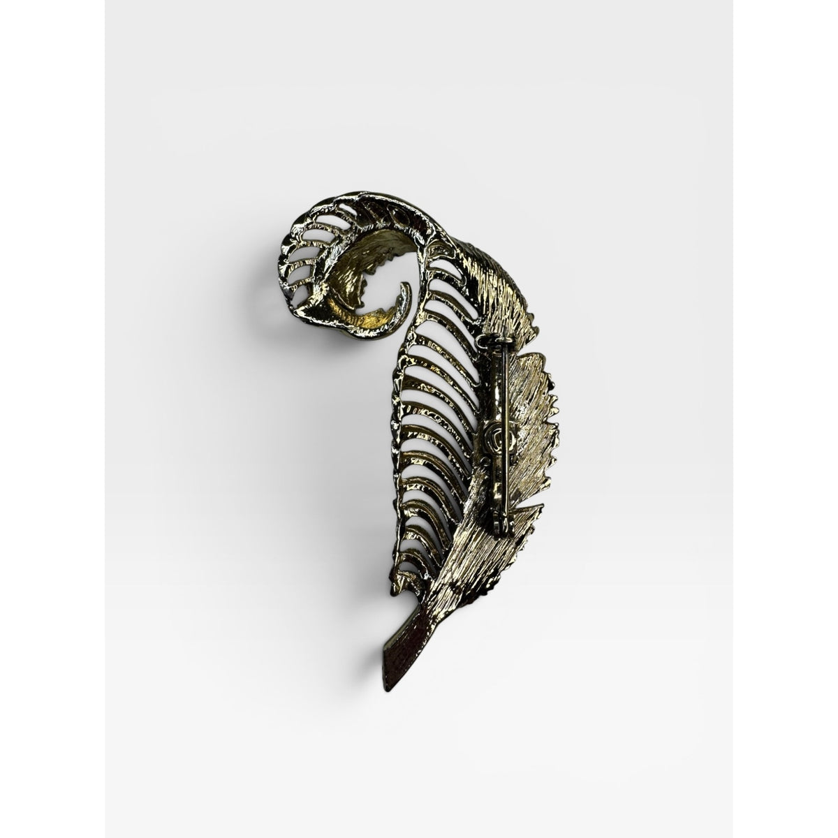 Crystal Feather Brooch Gold Tone Curled Leaf Pin 1980s