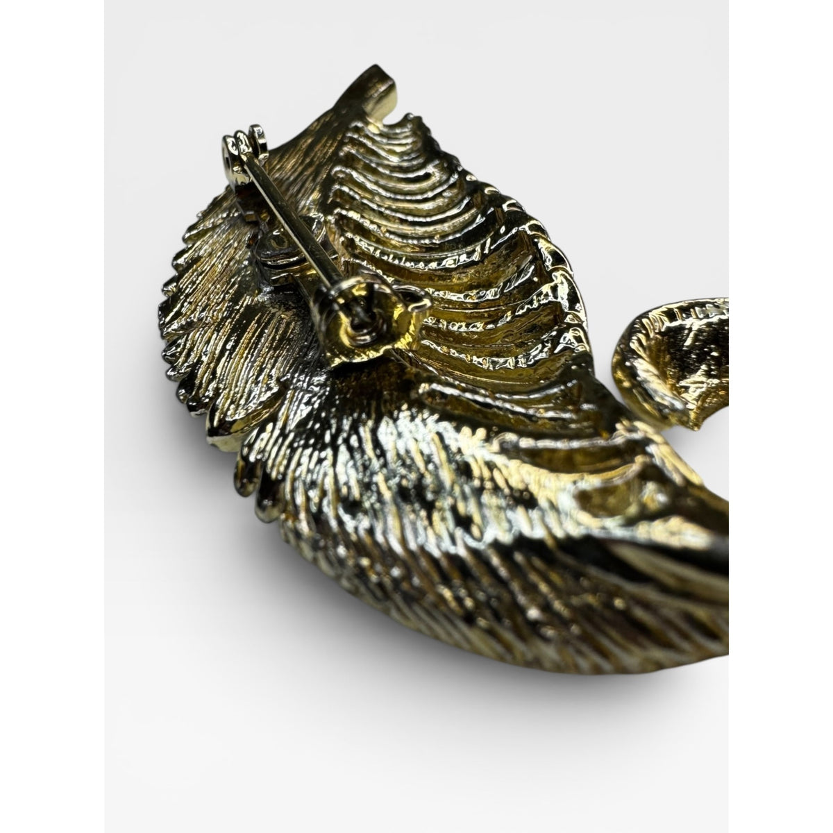 Crystal Feather Brooch Gold Tone Curled Leaf Pin 1980s