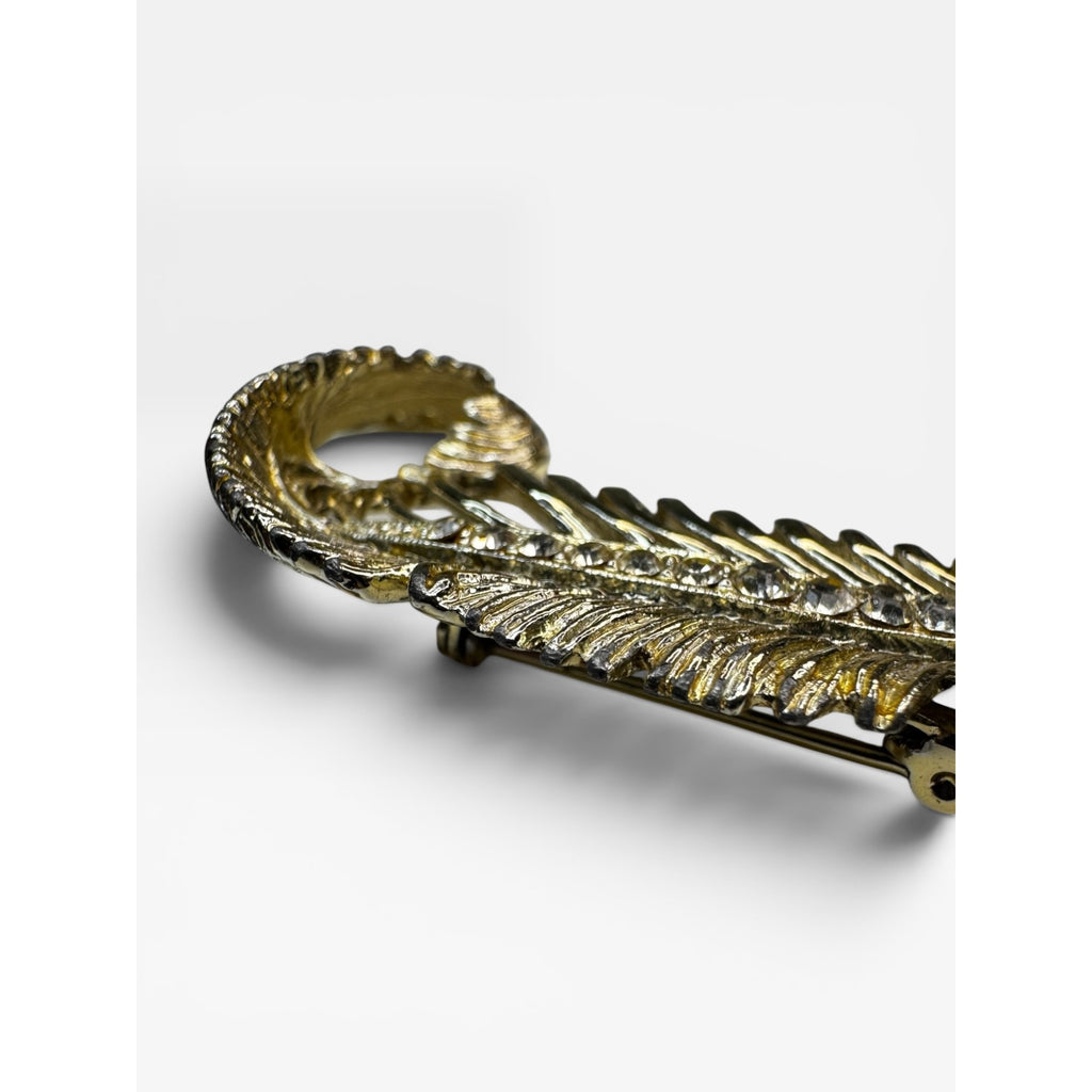 Crystal Feather Brooch Gold Tone Curled Leaf Pin 1980s