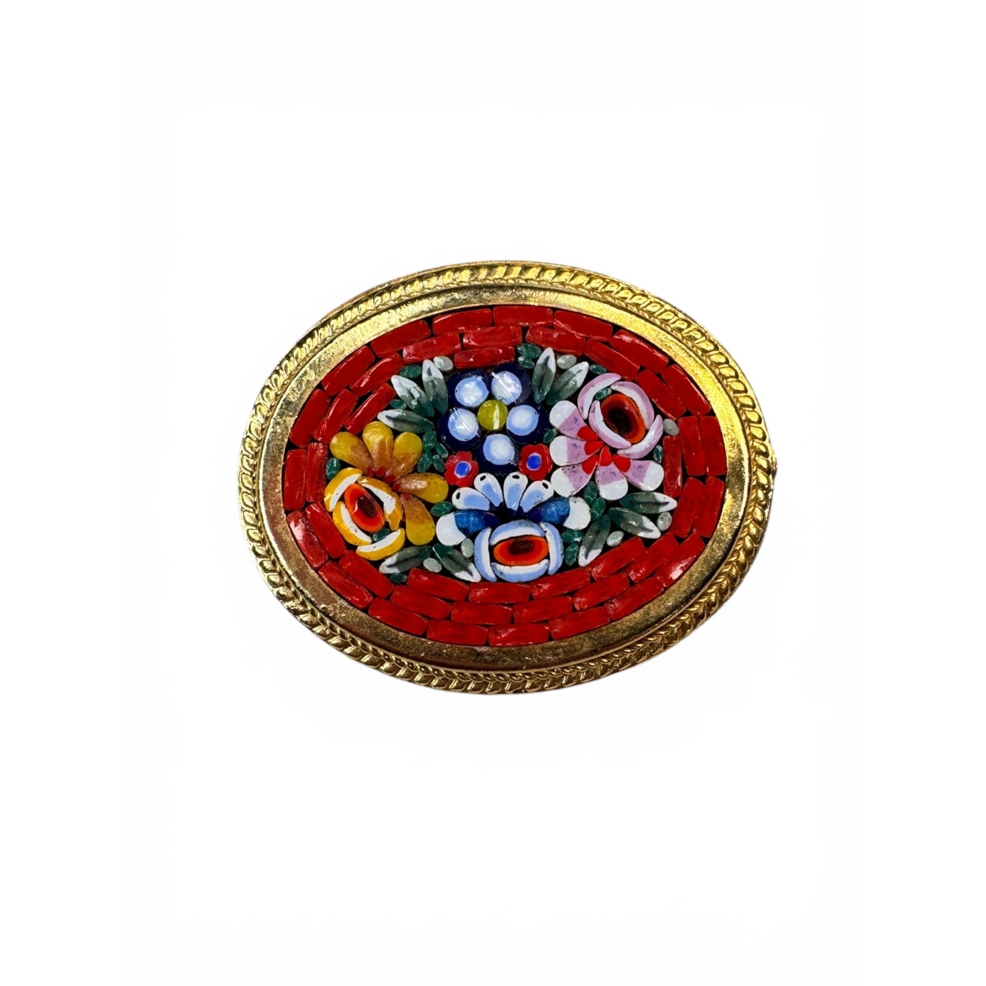 Floral Mosaic Oval Brooch Glass Tile Inlay Gold Tone 1960s Vintage