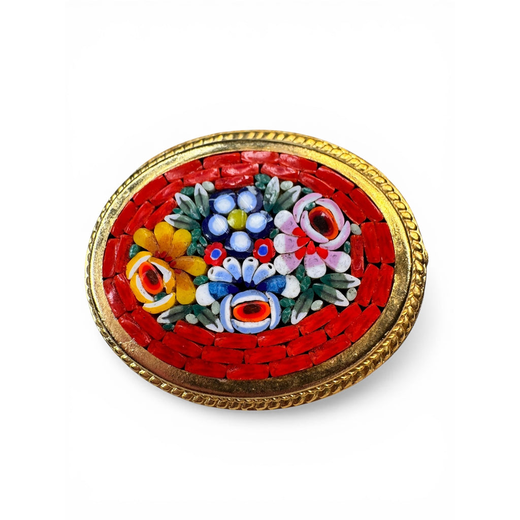 Floral Mosaic Oval Brooch Glass Tile Inlay Gold Tone 1960s Vintage