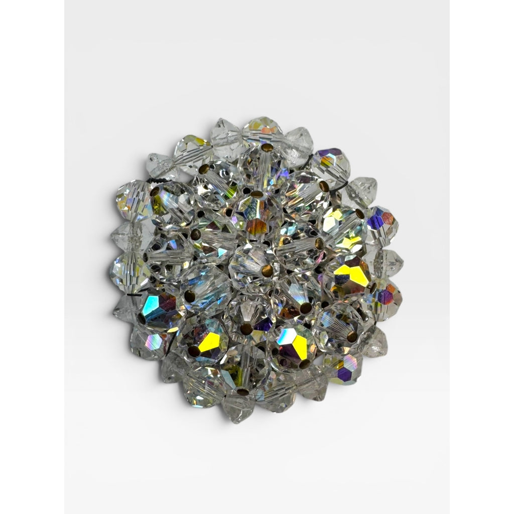 Crystal Bead Cluster Brooch Aurora Borealis Clear Crystal Pin Vintage 1950s